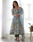 Lorenvalley Grey Soft Organza Silk With Floral Print Fully Flared Anarkali Pant With Dupatta Set | Grocsy