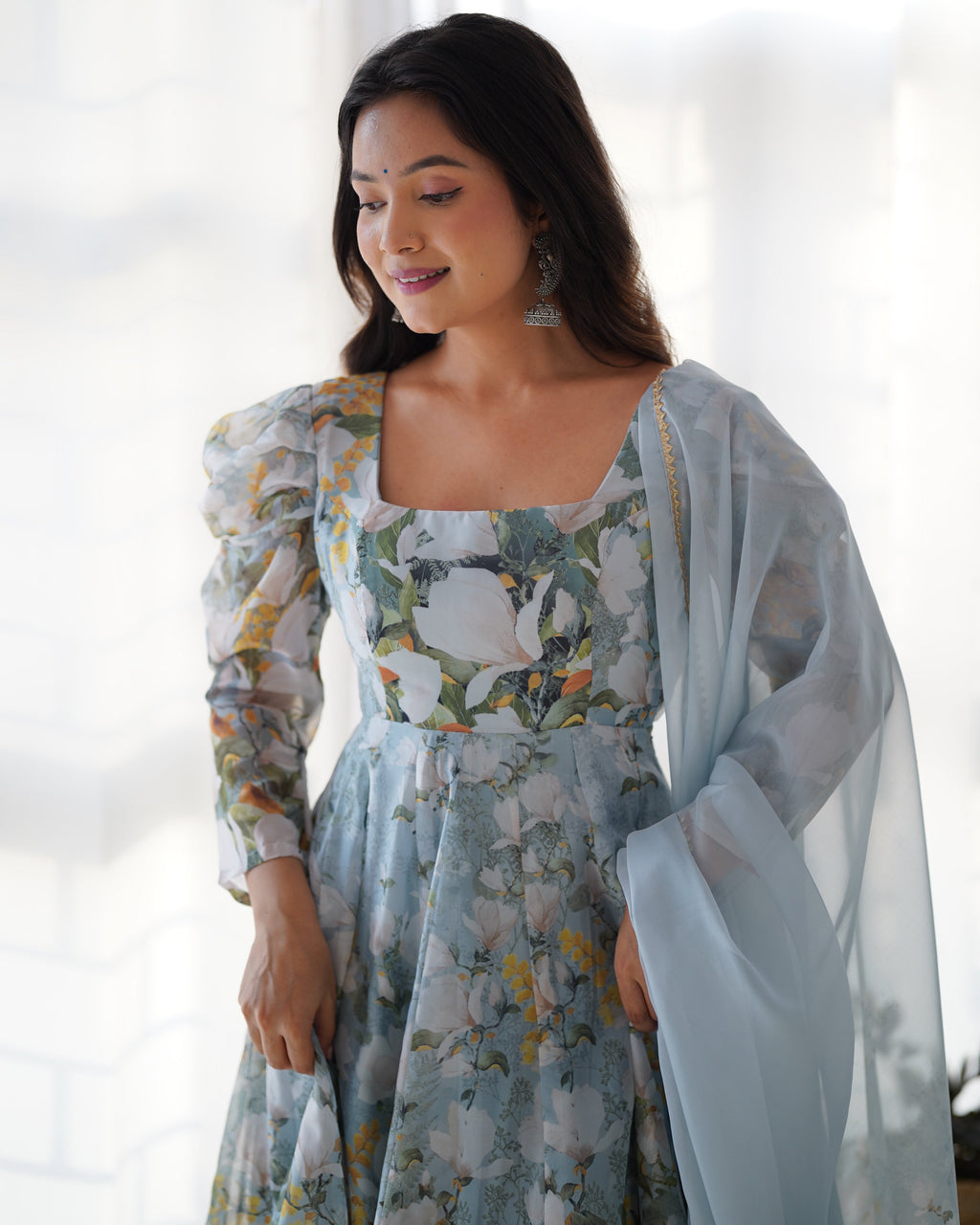 Lorenvalley Grey Soft Organza Silk With Floral Print Fully Flared Anarkali Pant With Dupatta Set | Grocsy