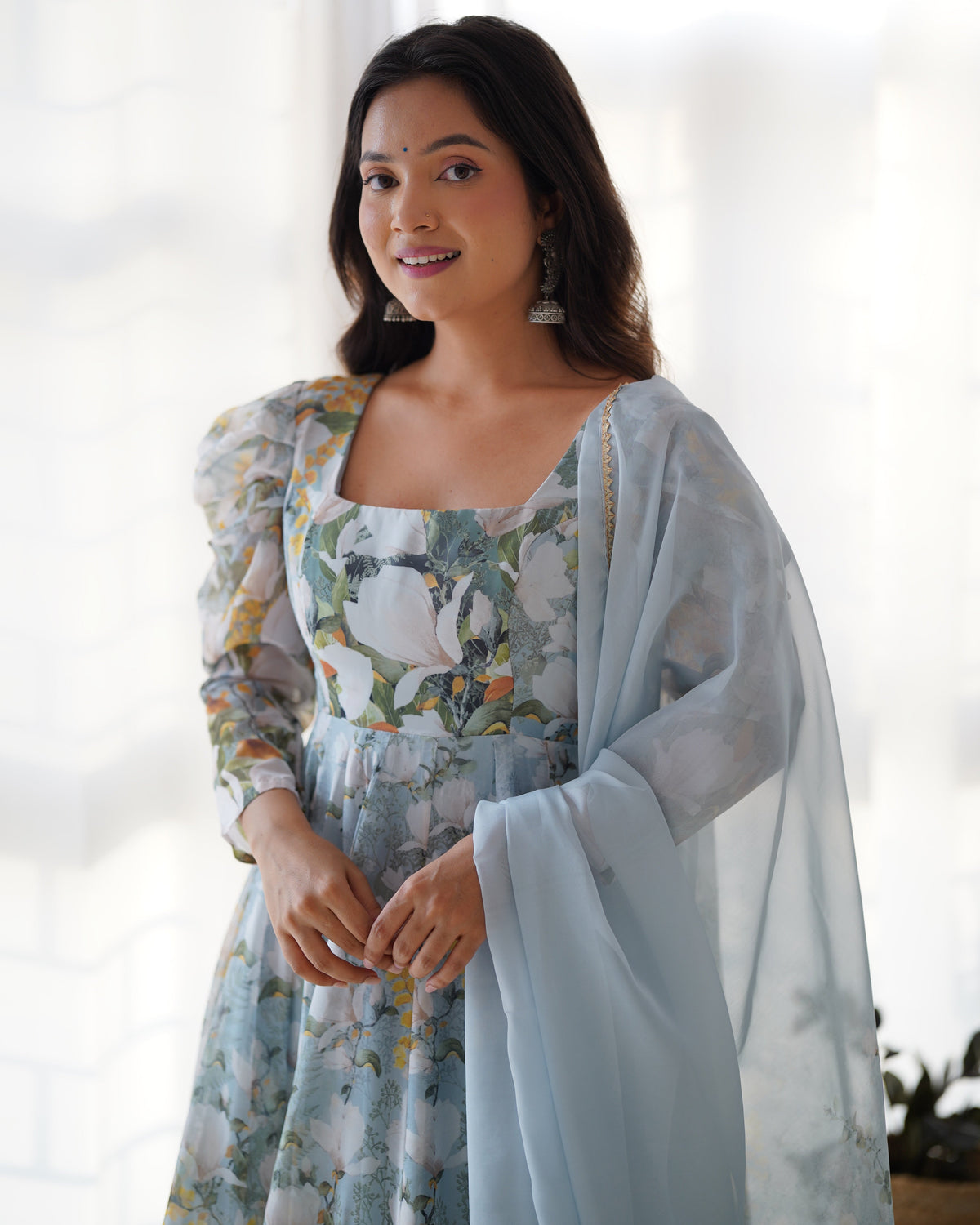Lorenvalley Grey Soft Organza Silk With Floral Print Fully Flared Anarkali Pant With Dupatta Set | Grocsy