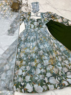 Lorenvalley Grey Soft Organza Silk With Floral Print Fully Flared Anarkali Pant With Dupatta Set | Grocsy