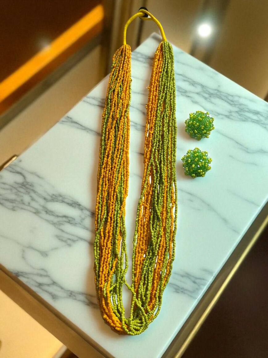 Inhanns Rangsaaz 20-Layer Luxe Long Beaded Necklace (With Optional Statement Earrings) - Dual Tone With Earring | Grocsy
