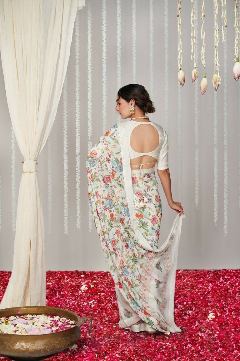 Partywear Designer White Bright Moss Fancy Saree - Durga | Grocsy