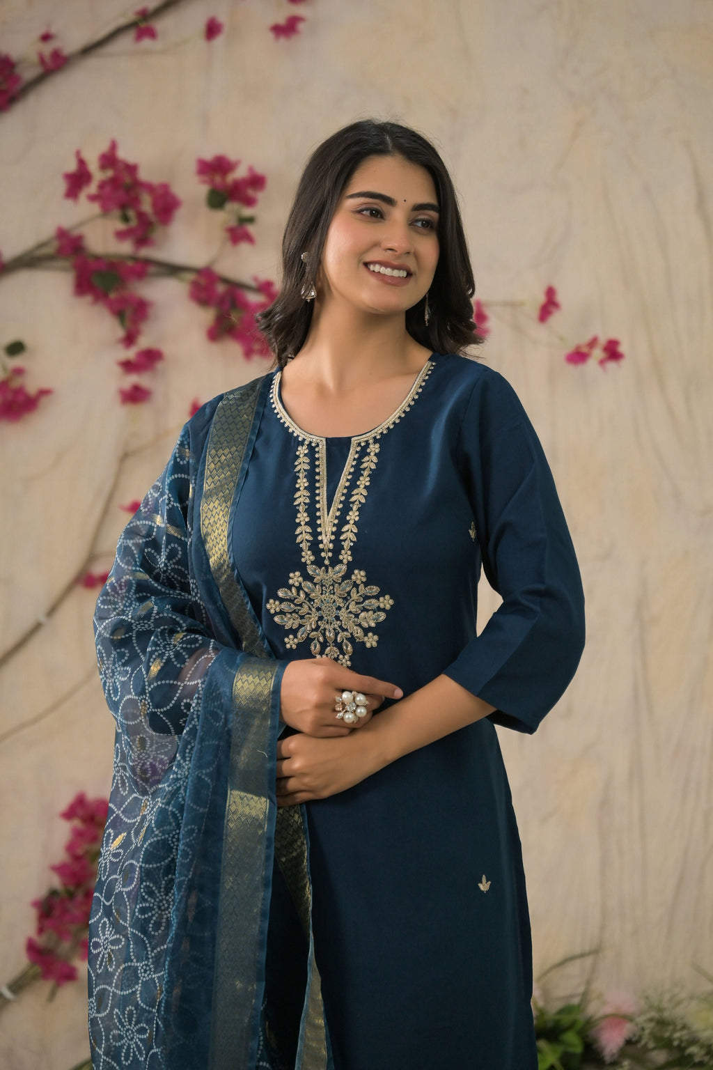 Ethnic Festive Wear Reyon Petrol Stitched Suit With Dupatta - Tanisha | Grocsy