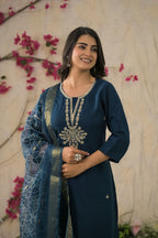Ethnic Festive Wear Reyon Petrol Stitched Suit With Dupatta - Tanisha | Grocsy