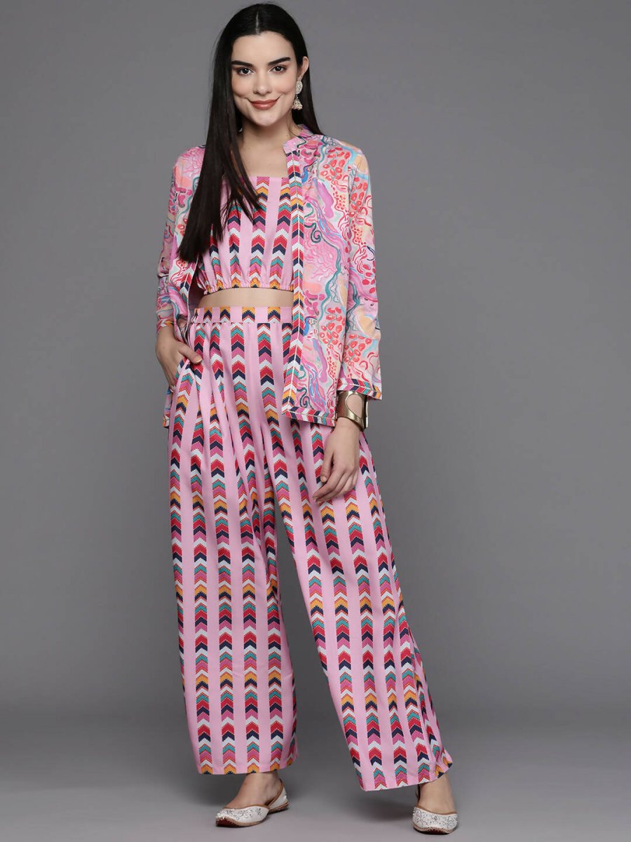 Ahalyaa Women Printed Crop Top with Palazzos & Jacket - Multi Color | Grocsy