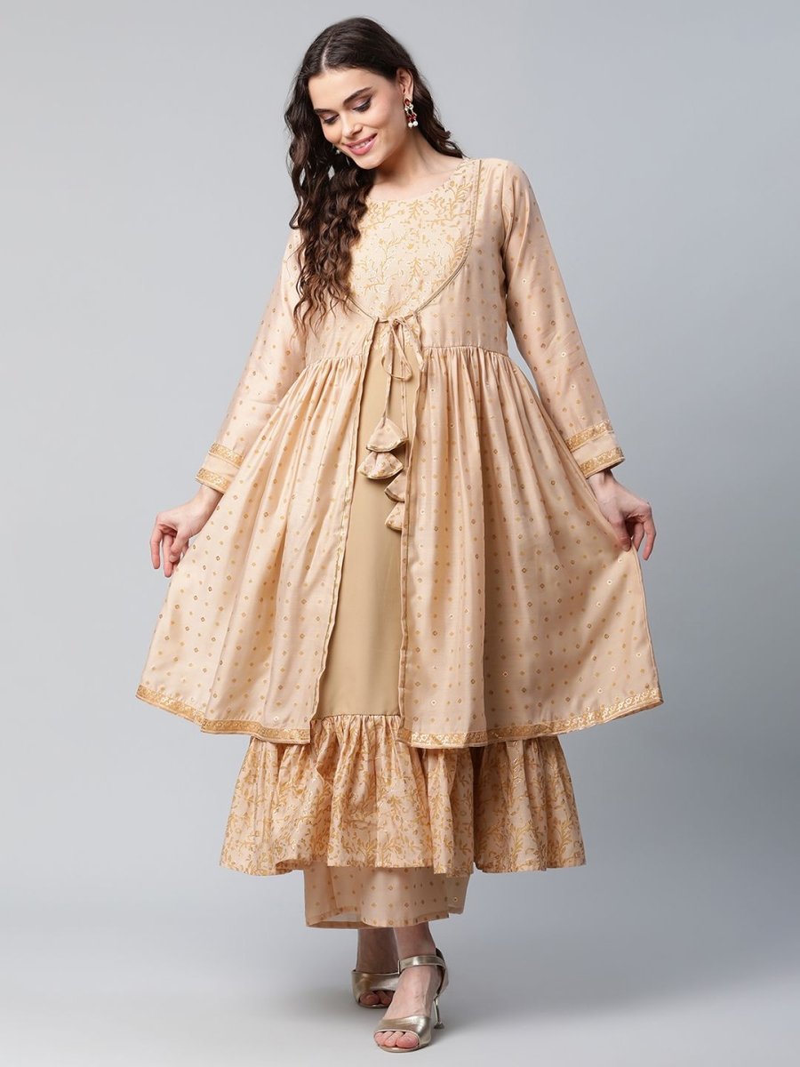 Ahalyaa Womens Beige Chanderi Kurta Palazzo Set with Dupatta | Grocsy