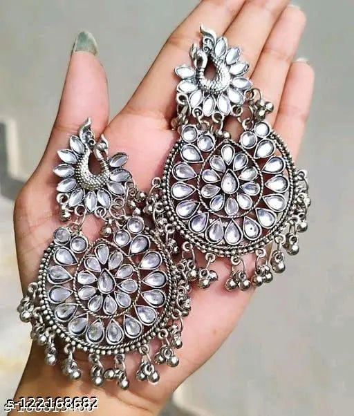 Tehzeeb Creations Women's Silver Colour Earrings With Kundan And Ghungroo Work | Grocsy