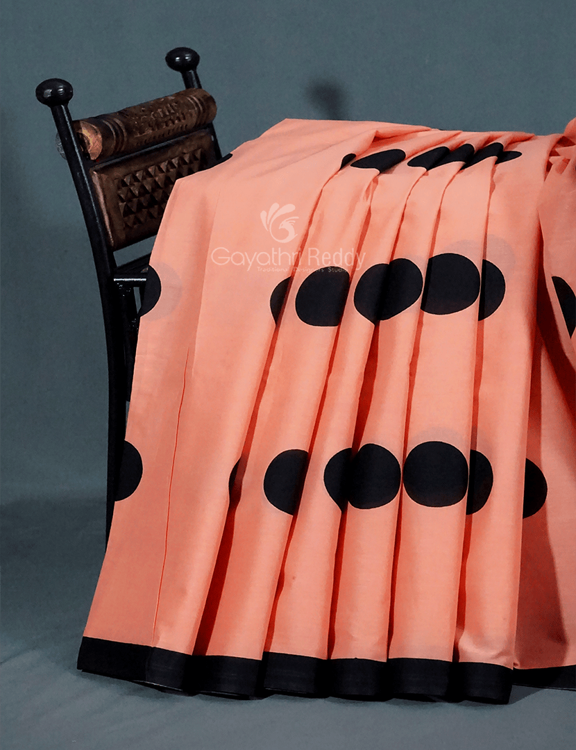 Peach And Black Block Print Pure Mulmul Cotton Saree By Gayathri Reddy Designer Studio | Grocsy
