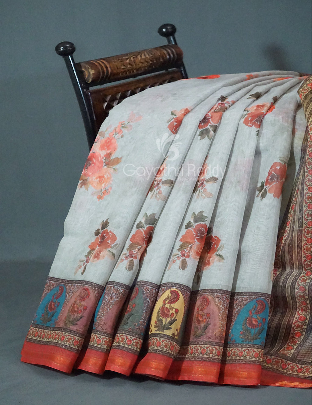 Shades of Light Grey Floral Print Semi Chanderi Saree By Gayathri Reddy Designer Studio | Grocsy