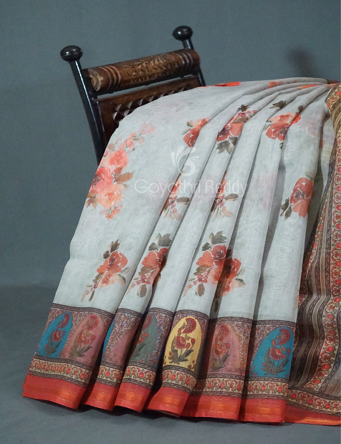 Shades of Light Grey Floral Print Semi Chanderi Saree By Gayathri Reddy Designer Studio | Grocsy