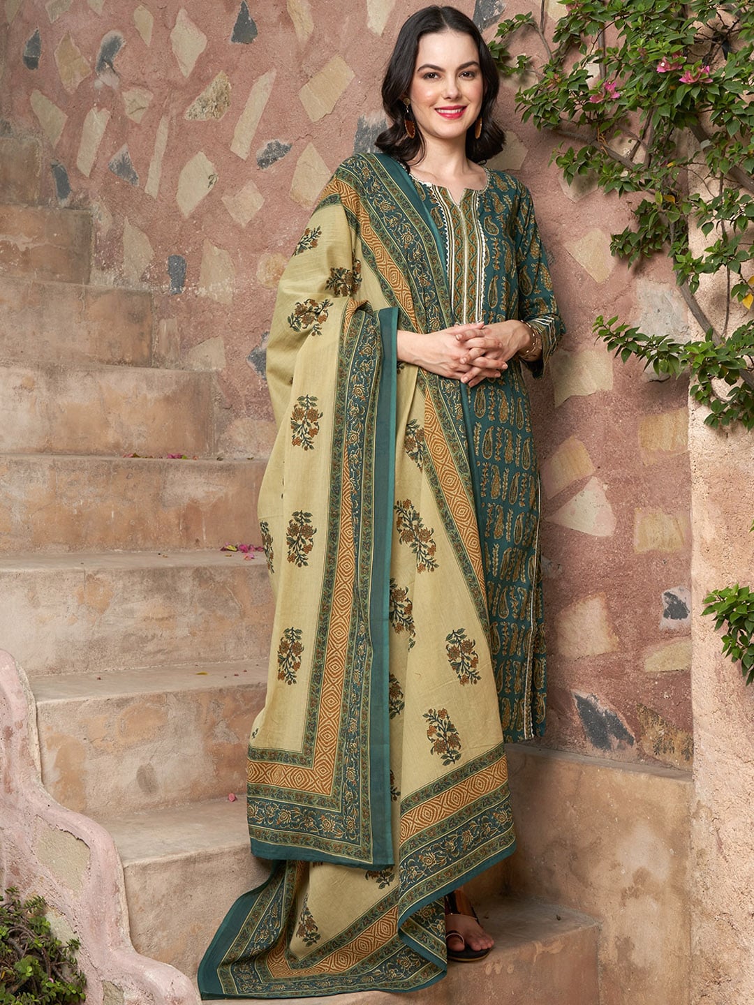 Sangria Ethnic Motifs Printed Pure Cotton Kurta with Trousers & Dupatta | Grocsy