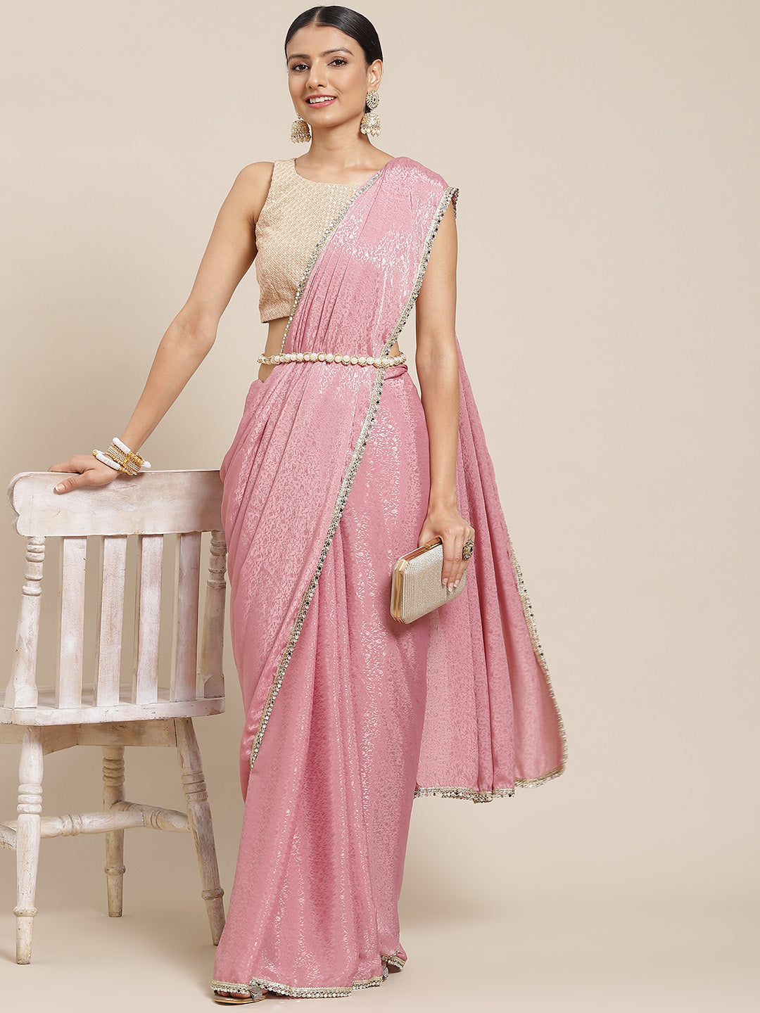 Tikhi Imli Pink Ethnic Motifs Print Saree | Grocsy