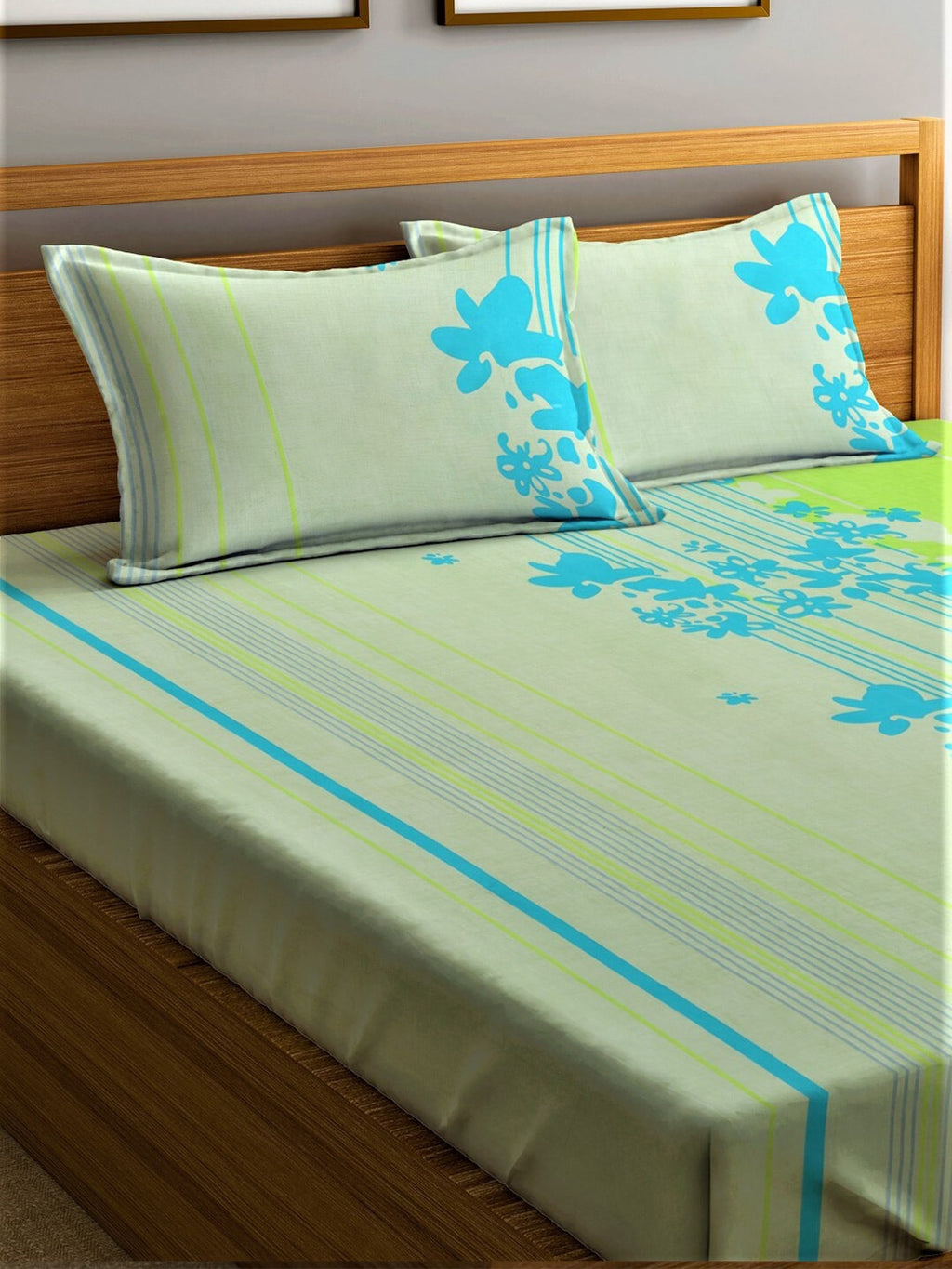 Home Sizzler Green & Blue Floral 210 TC Queen Bedsheet with 2 Pillow Covers | Grocsy