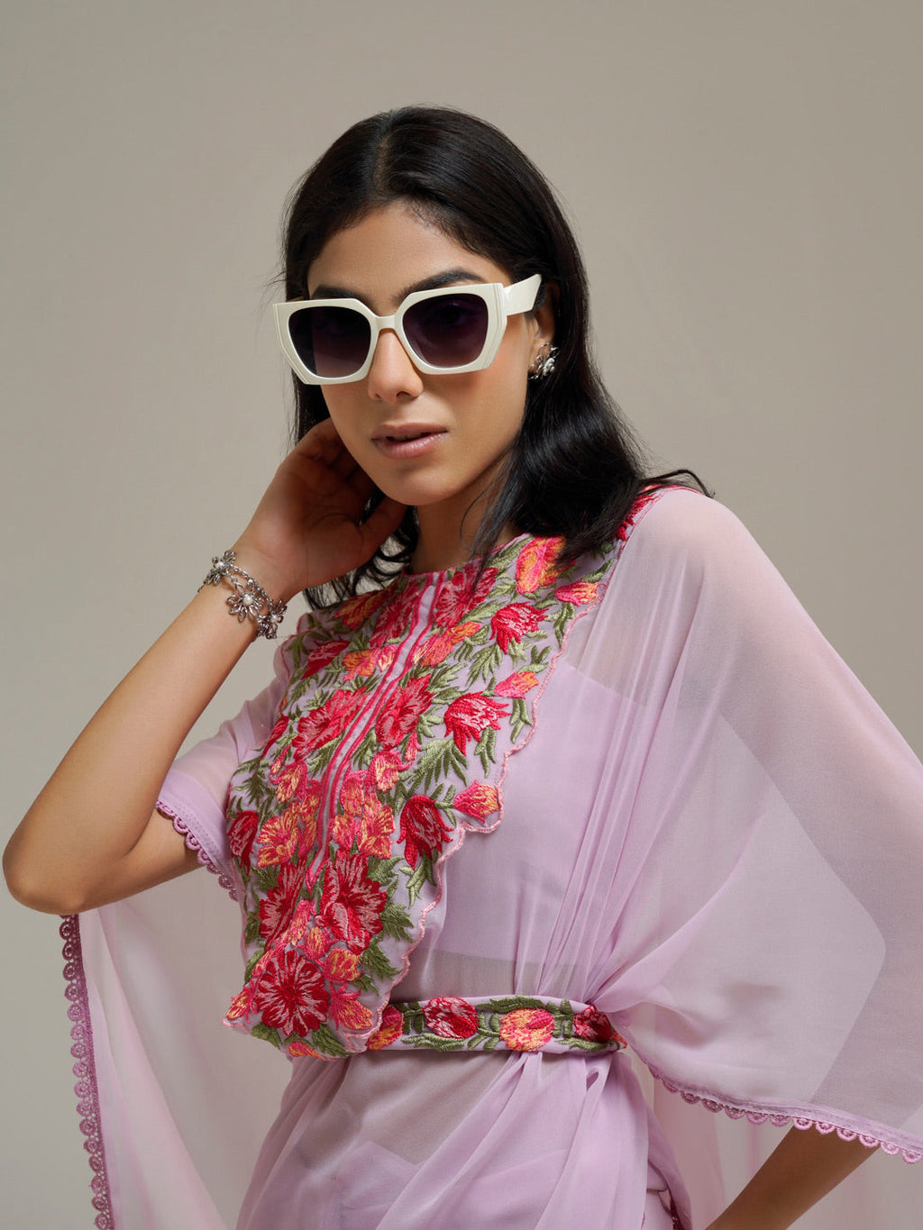 Tikhi Imli Lavender & Pink Floral Embroidered Belted Saree | Grocsy
