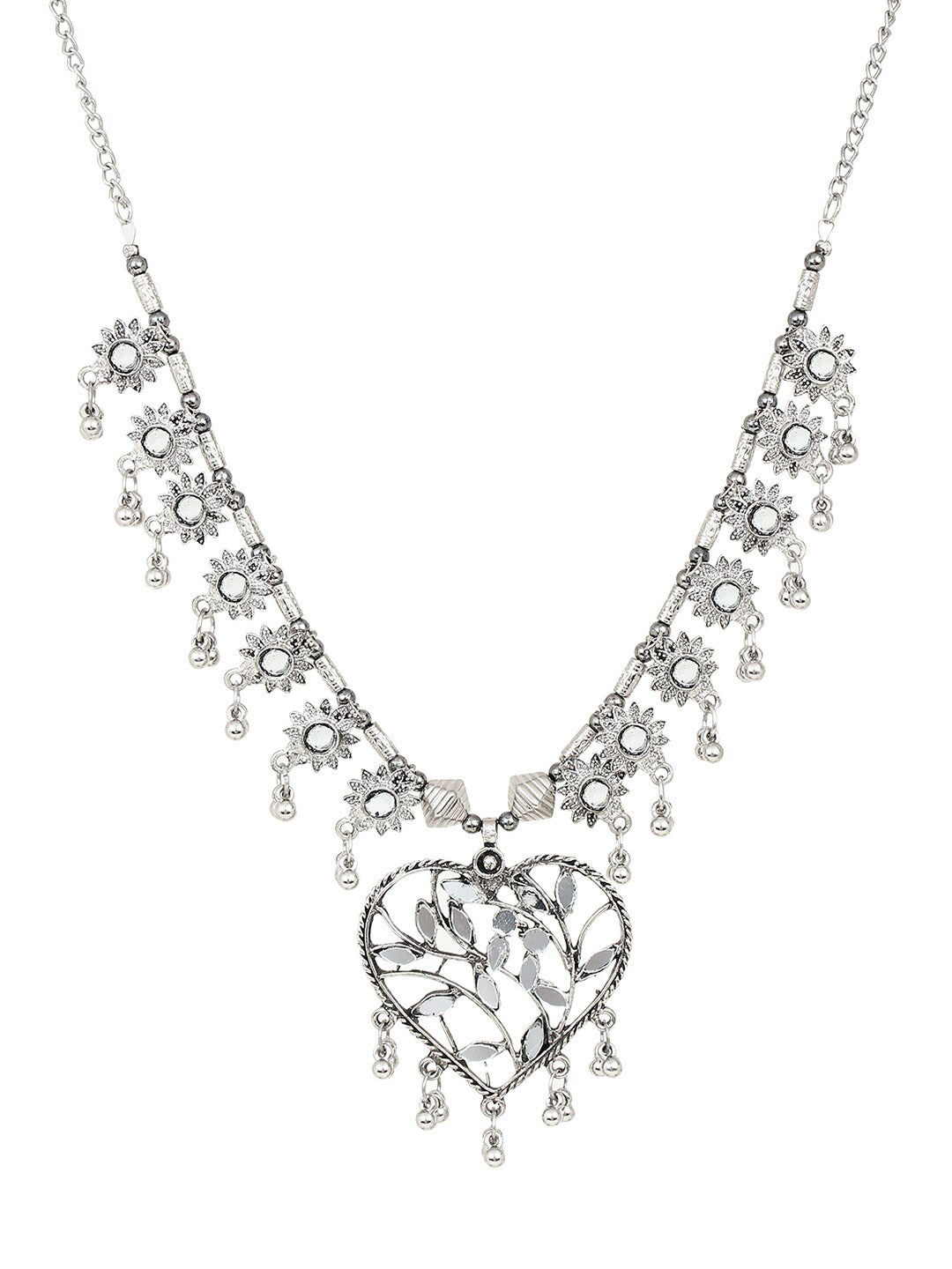 Cardinal Women Silver-Toned Oxidised Stone Studded & Beaded Heart Shaped Jewellery Set | Grocsy