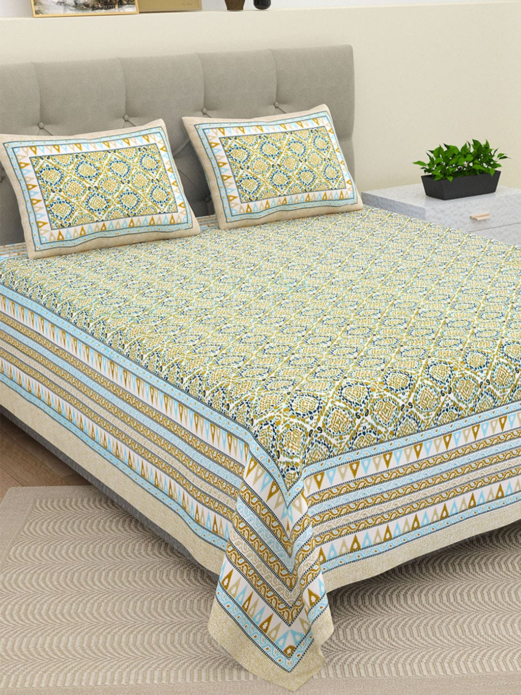 BELLA CASA Green & Blue Ethnic Motifs Cotton 180 TC King Bedsheet With 2 Pillow Covers | Grocsy