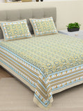 BELLA CASA Green & Blue Ethnic Motifs Cotton 180 TC King Bedsheet With 2 Pillow Covers | Grocsy