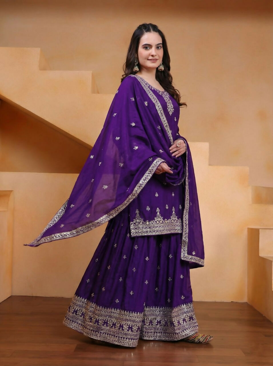 Joban Fashion Purple Silk Embroidered Sharara Set | Grocsy