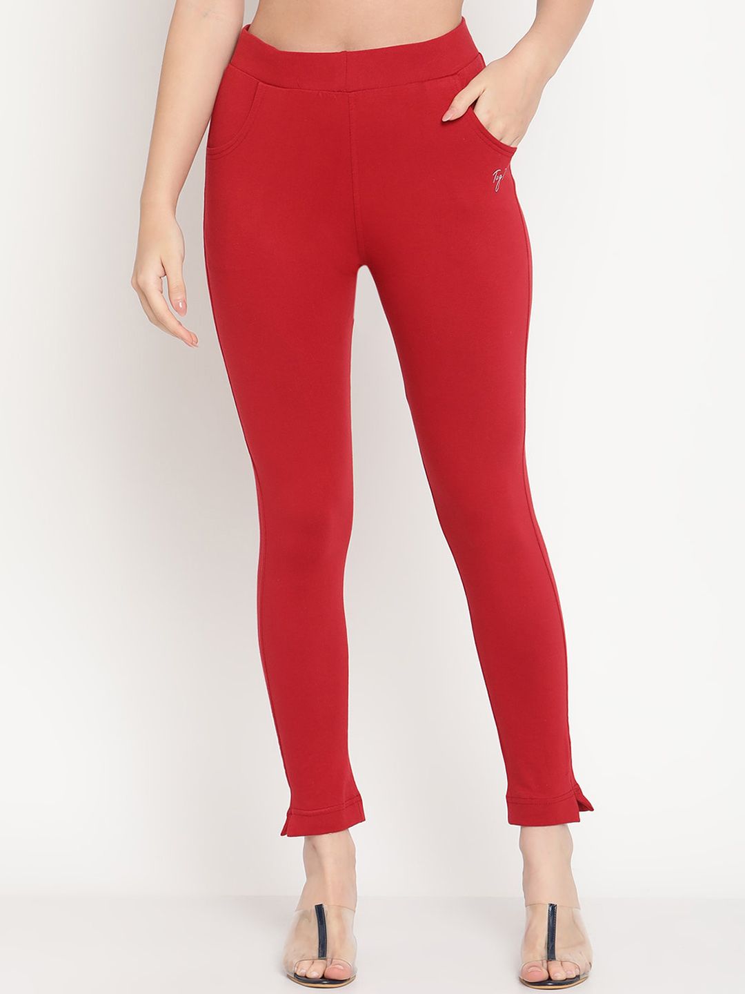 TAG 7 Set Of 2 Pink & Red Solid Leggings | Grocsy
