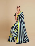 Sangria Navy Blue & Green Striped Satin Saree | Grocsy