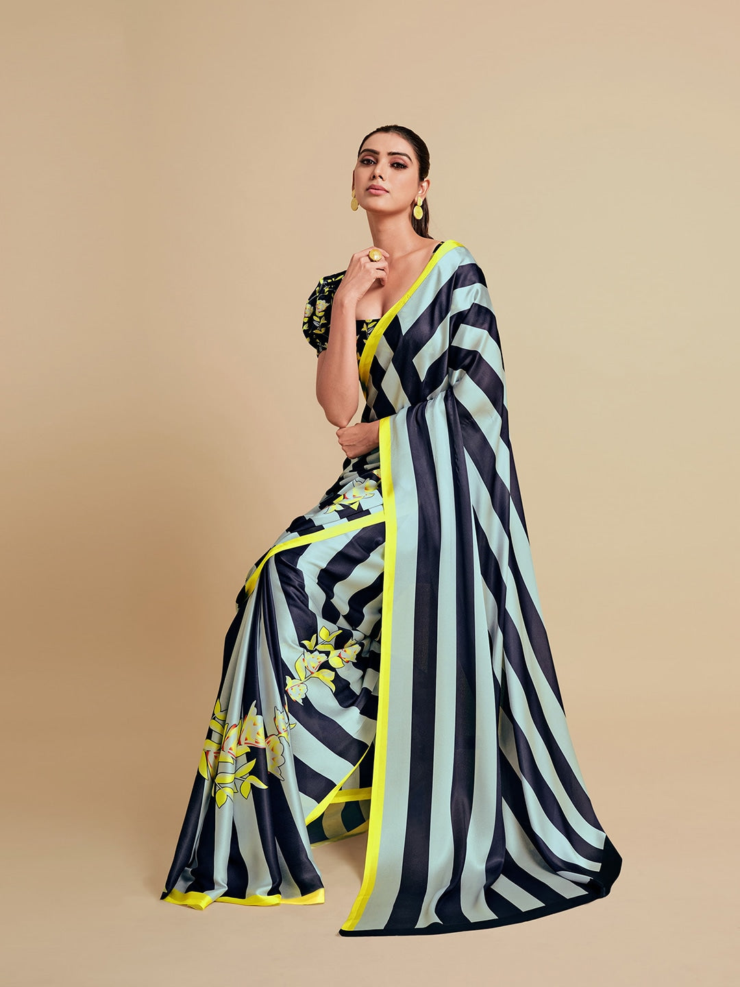 Sangria Navy Blue & Green Striped Satin Saree | Grocsy