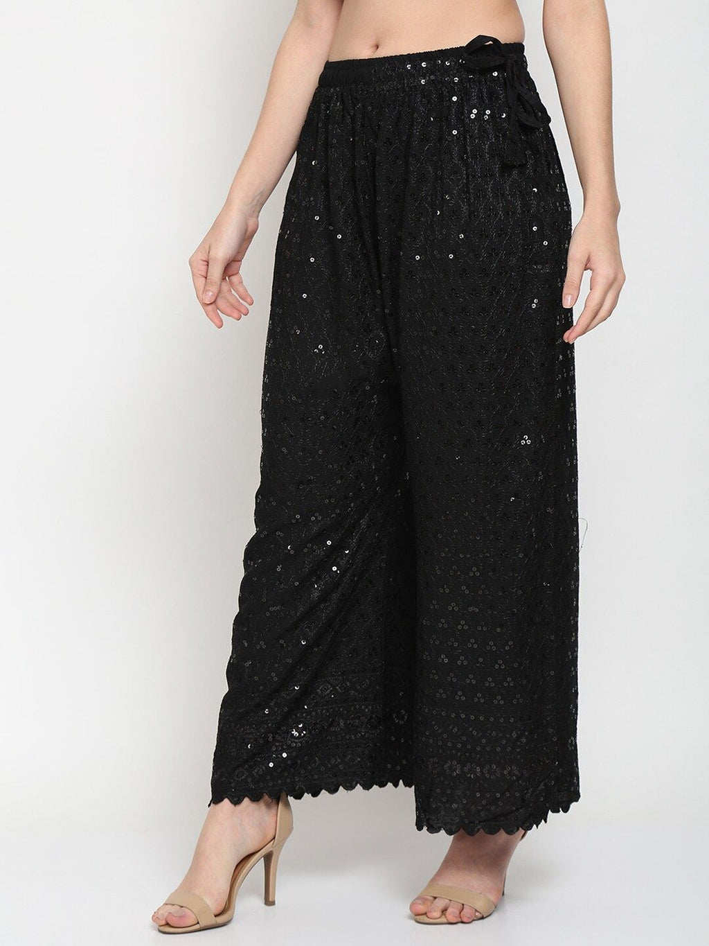 TAG 7 Women Black Ethnic Motifs Embroidered Sequin Flared Ethnic Palazzos | Grocsy