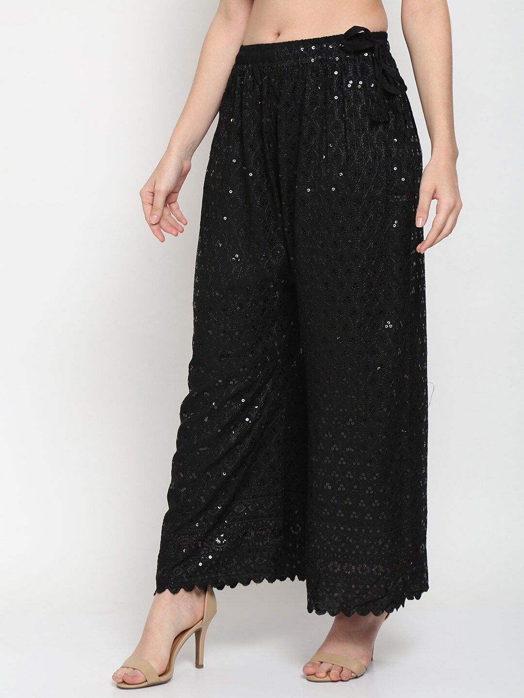 TAG 7 Women Black Ethnic Motifs Embroidered Sequin Flared Ethnic Palazzos | Grocsy