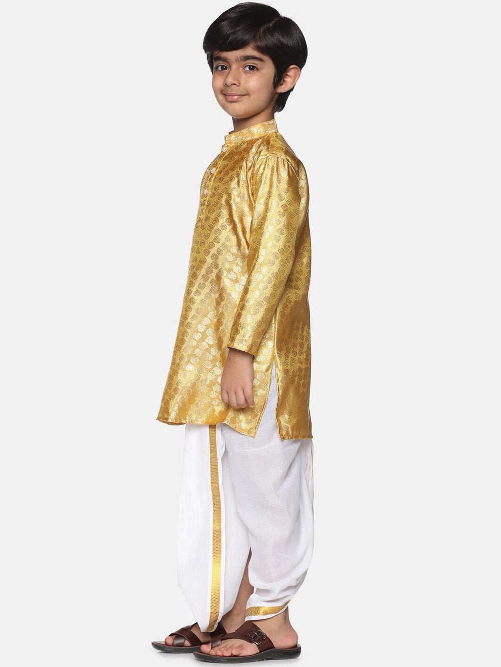 Sethukrishna Boys Gold-Toned Pleated Kurta with Dhoti Pants | Grocsy