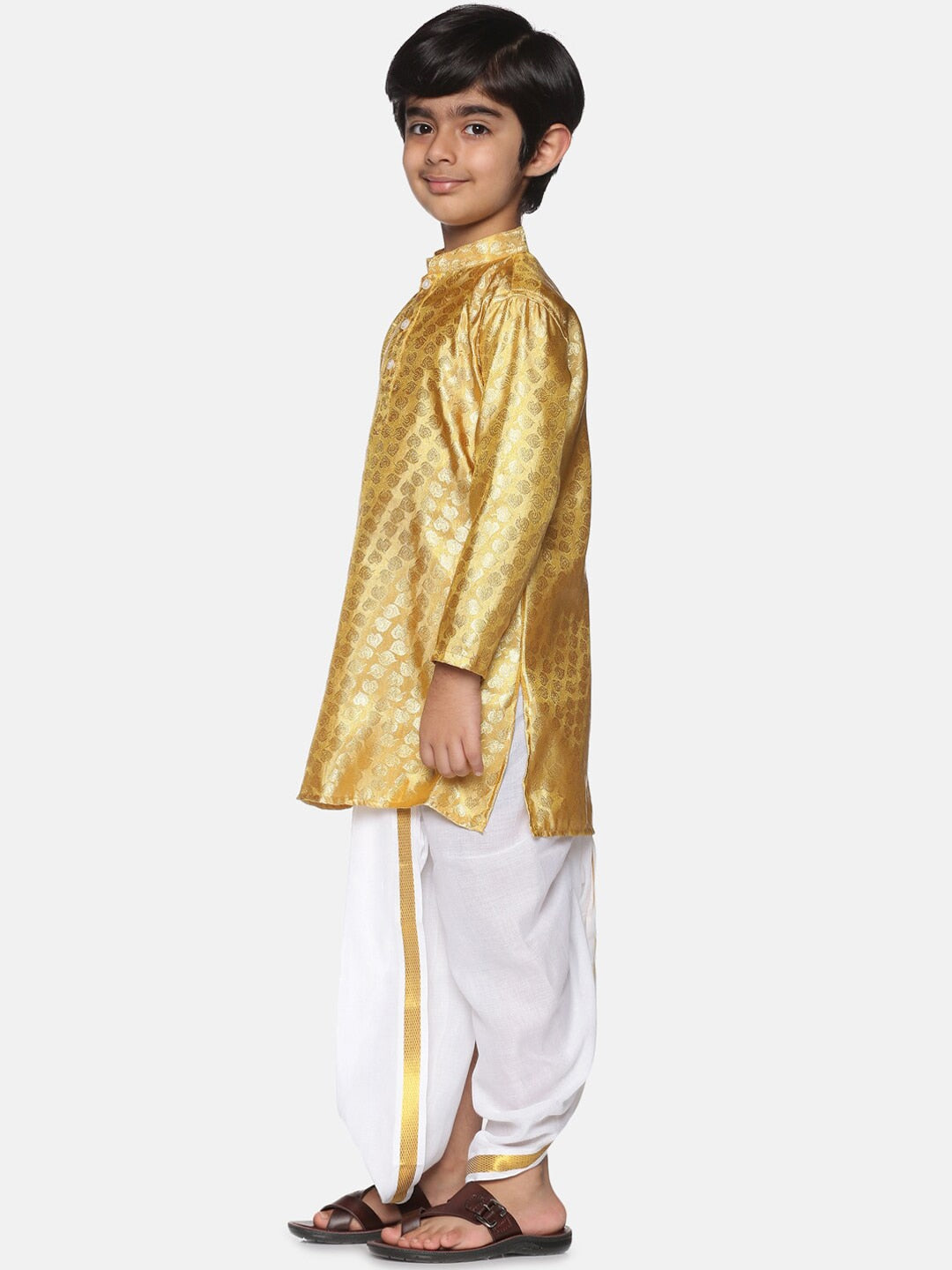 Sethukrishna Boys Gold-Toned Pleated Kurta with Dhoti Pants | Grocsy
