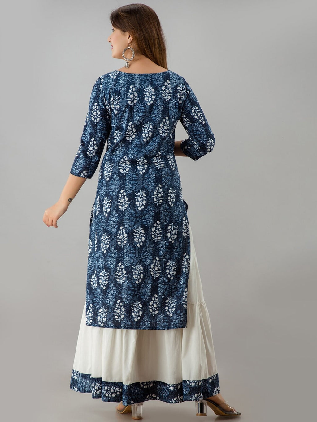 HERE&NOW Blue & White Boat Neck Floral Printed Kurta with Skirt | Grocsy