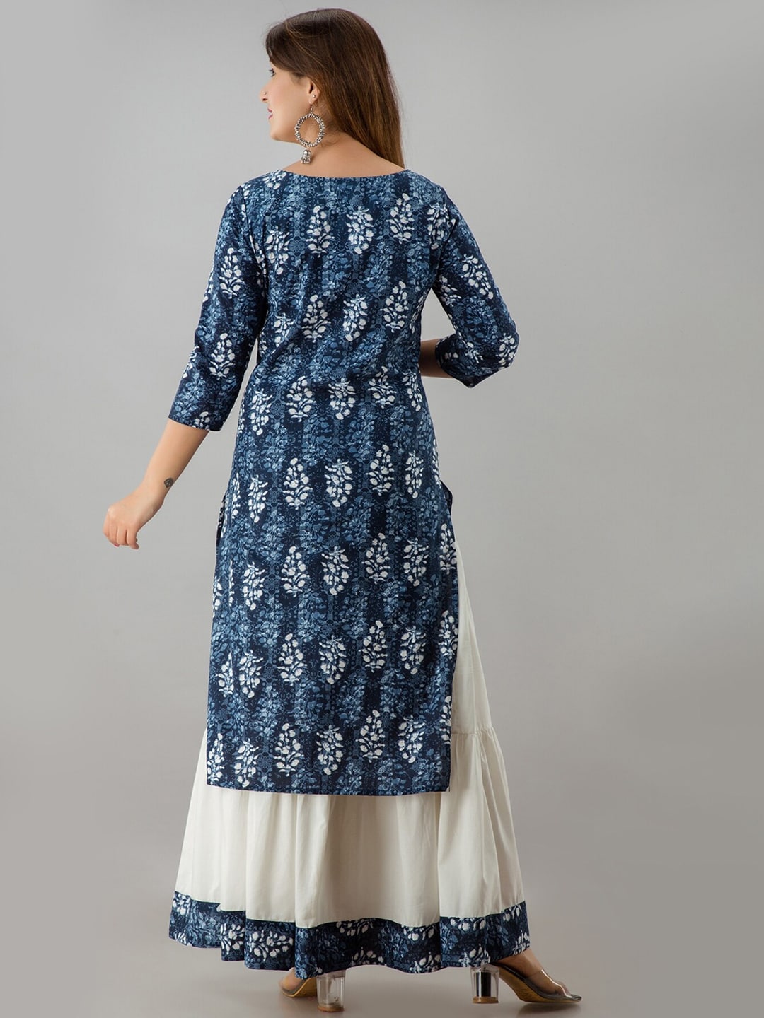 HERE&NOW Blue & White Boat Neck Floral Printed Kurta with Skirt | Grocsy