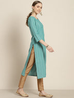 Sangria Women Sea Green & White Striped Sequin Detail Kurta | Grocsy