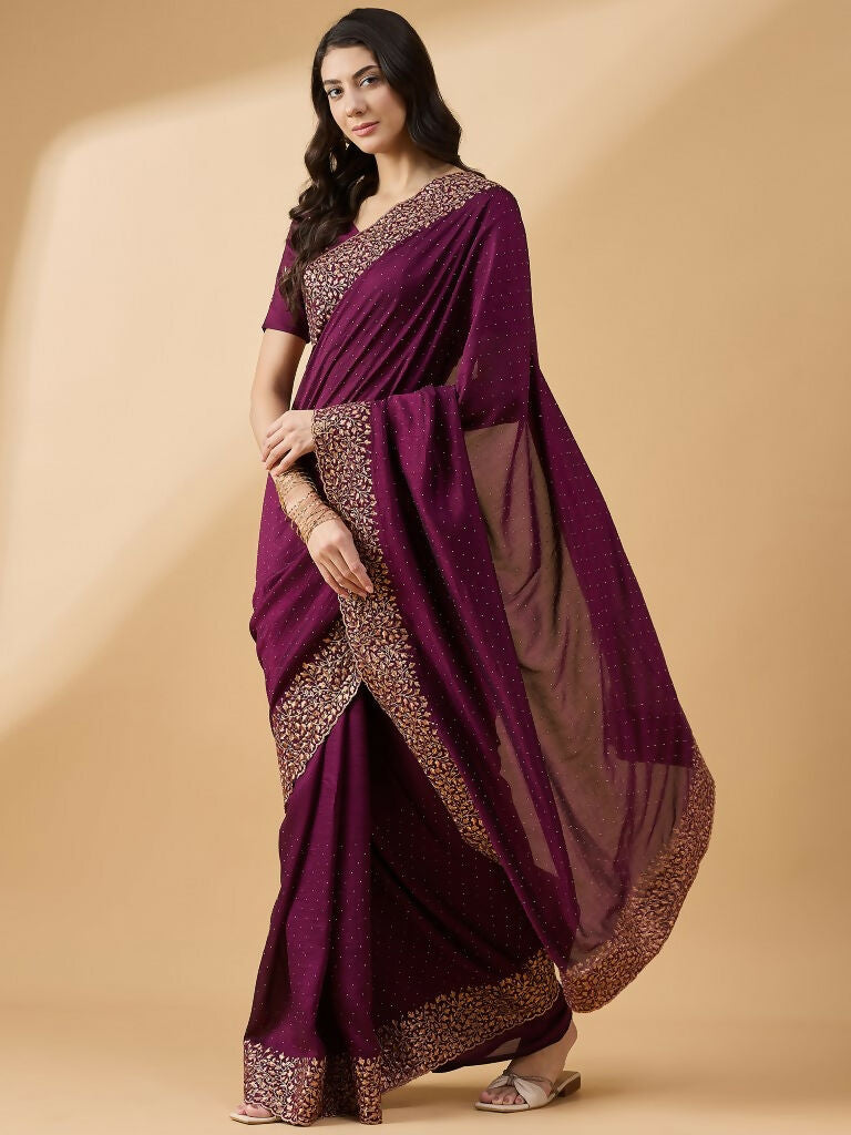 Purple Silk Blend Embroidered Saree with Unstitched Blouse - Vairagi | Grocsy