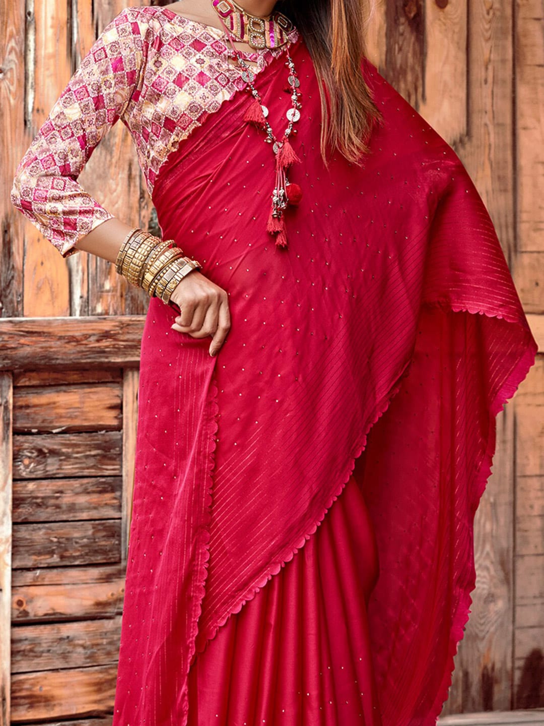 Saree Mall Pink Embellished Beads and Stones Pure Chiffon Sarees | Grocsy