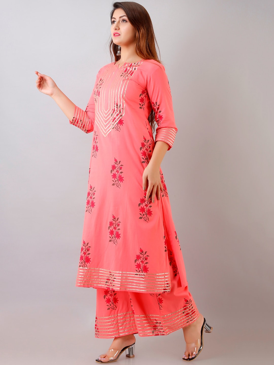 HERE&NOW Floral Printed Gotta Patti Regular Kurta with Palazzos | Grocsy