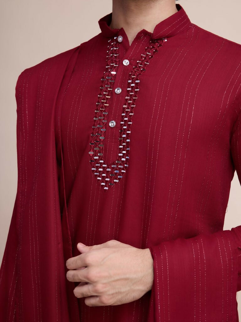 Vastranavya Traditional Festival Wear Viscose Thread & Sequence Embroidered Work Kurta Pant Set - Maroon | Grocsy