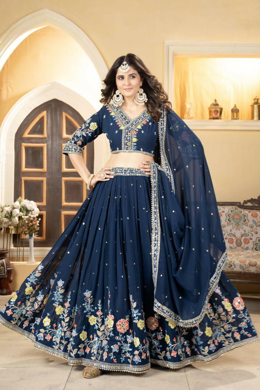 Eilara Prussian Blue Georgette Embroidered Panelled Style Lehenga | Grocsy
