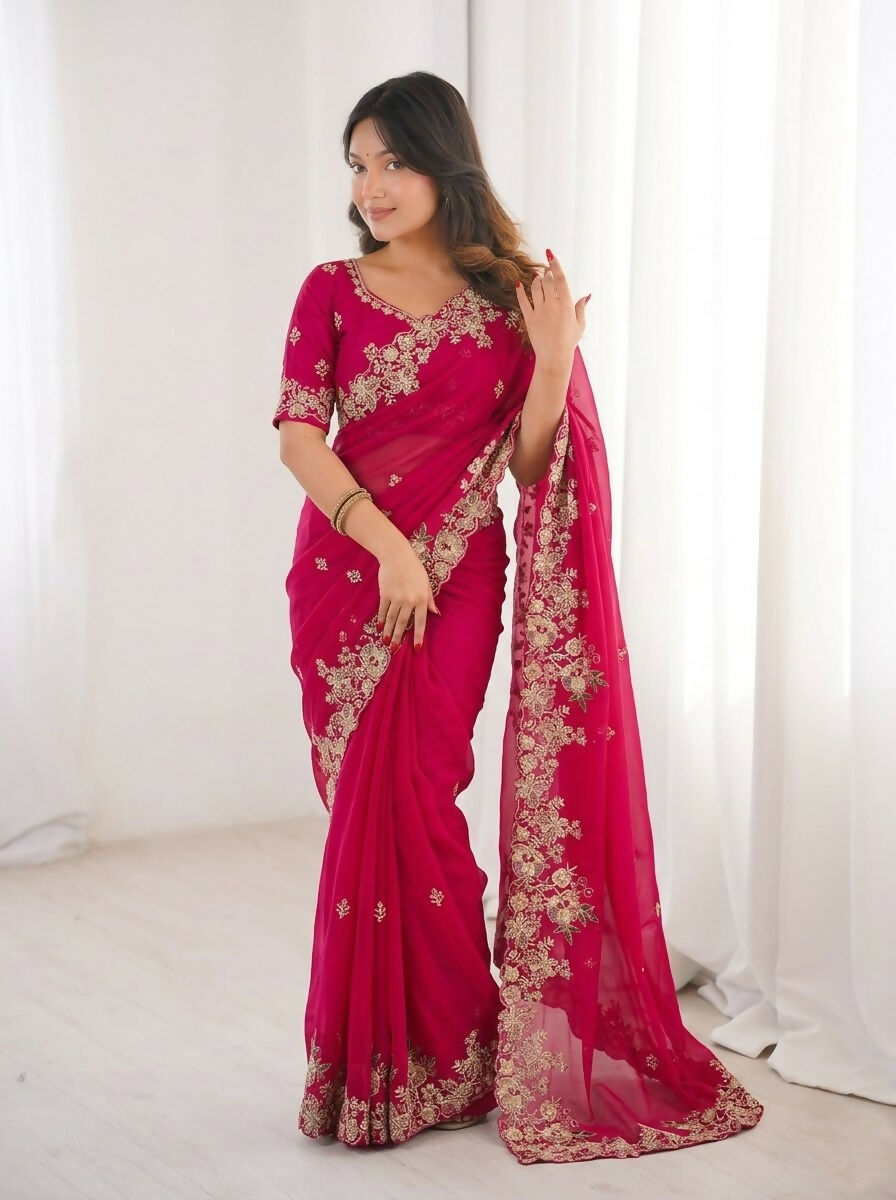 Teeya Creation New Womens Latest Party Wear Soft Chiffon Silk Saree-Red | Grocsy