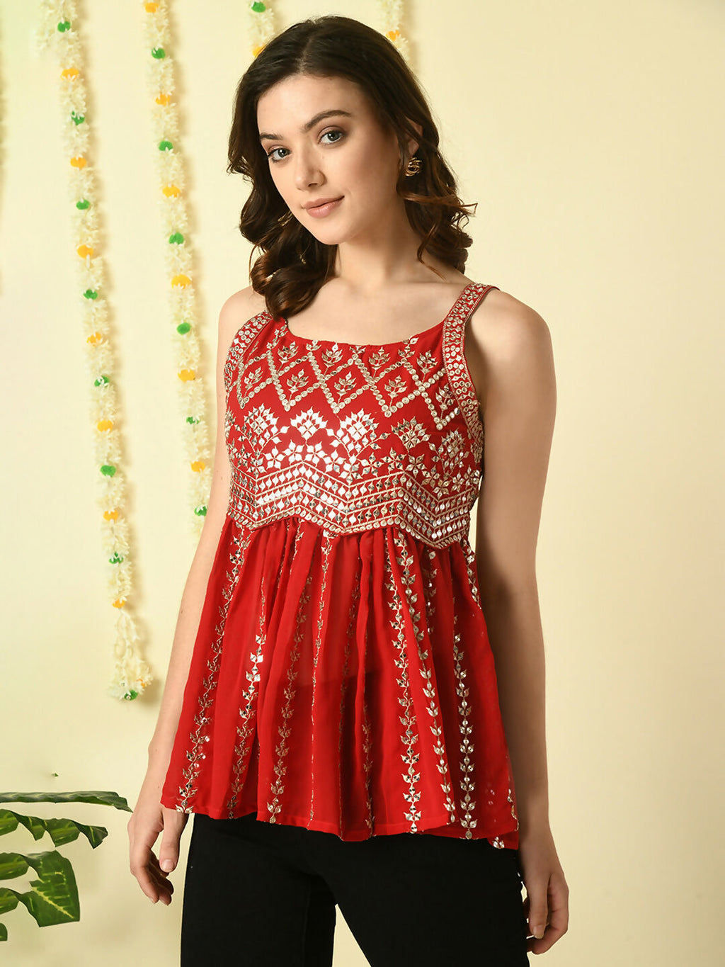 Myshka Women's Red Embroidered Party Fusion Top | Grocsy