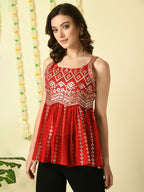 Myshka Women's Red Embroidered Party Fusion Top | Grocsy