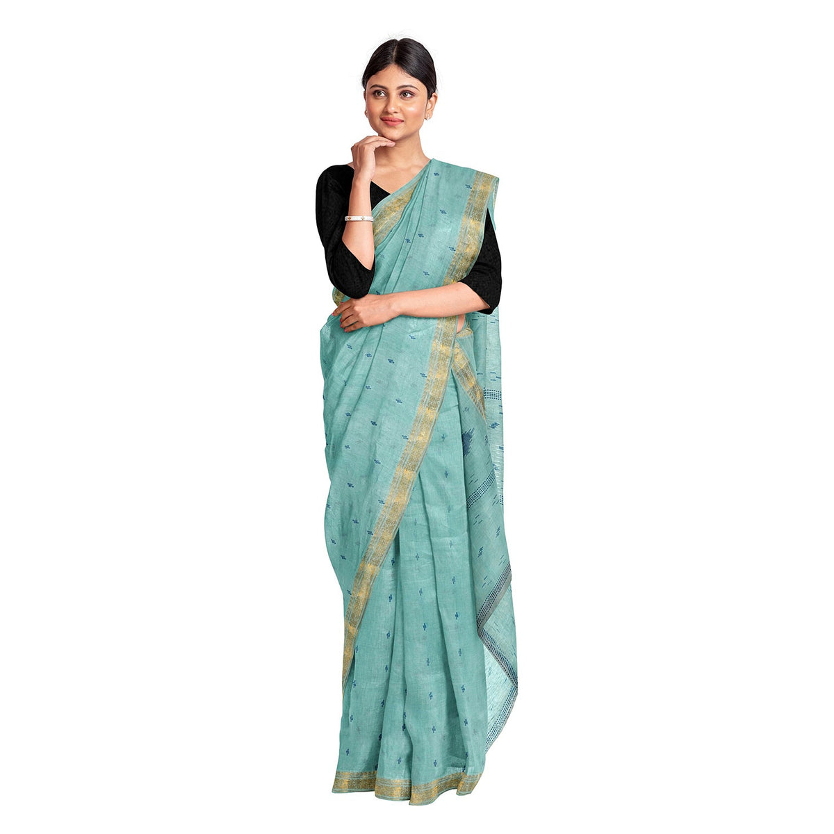 Exclusive Collection 100% Pure Cotton Sea Green Tant Saree With Hand Weaving Work | Grocsy