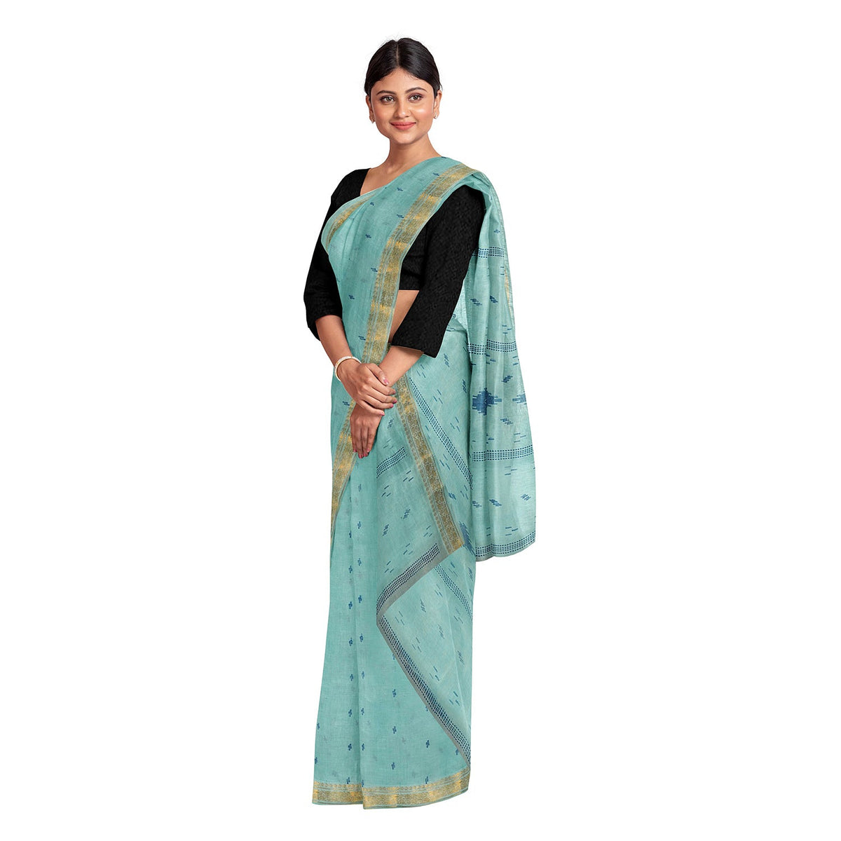 Exclusive Collection 100% Pure Cotton Sea Green Tant Saree With Hand Weaving Work | Grocsy