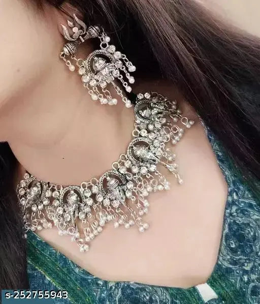 Tehzeeb Creations Women's Silver Colour Oxidised Ganesha Style Necklace Set With White Pearl | Grocsy