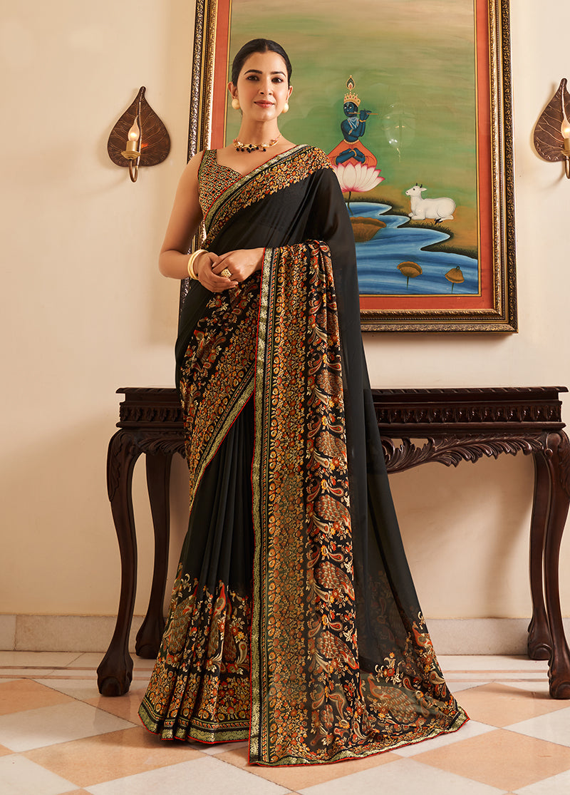 Monjolika Fashion Black Paisley Print Georgette Designer Saree | Grocsy