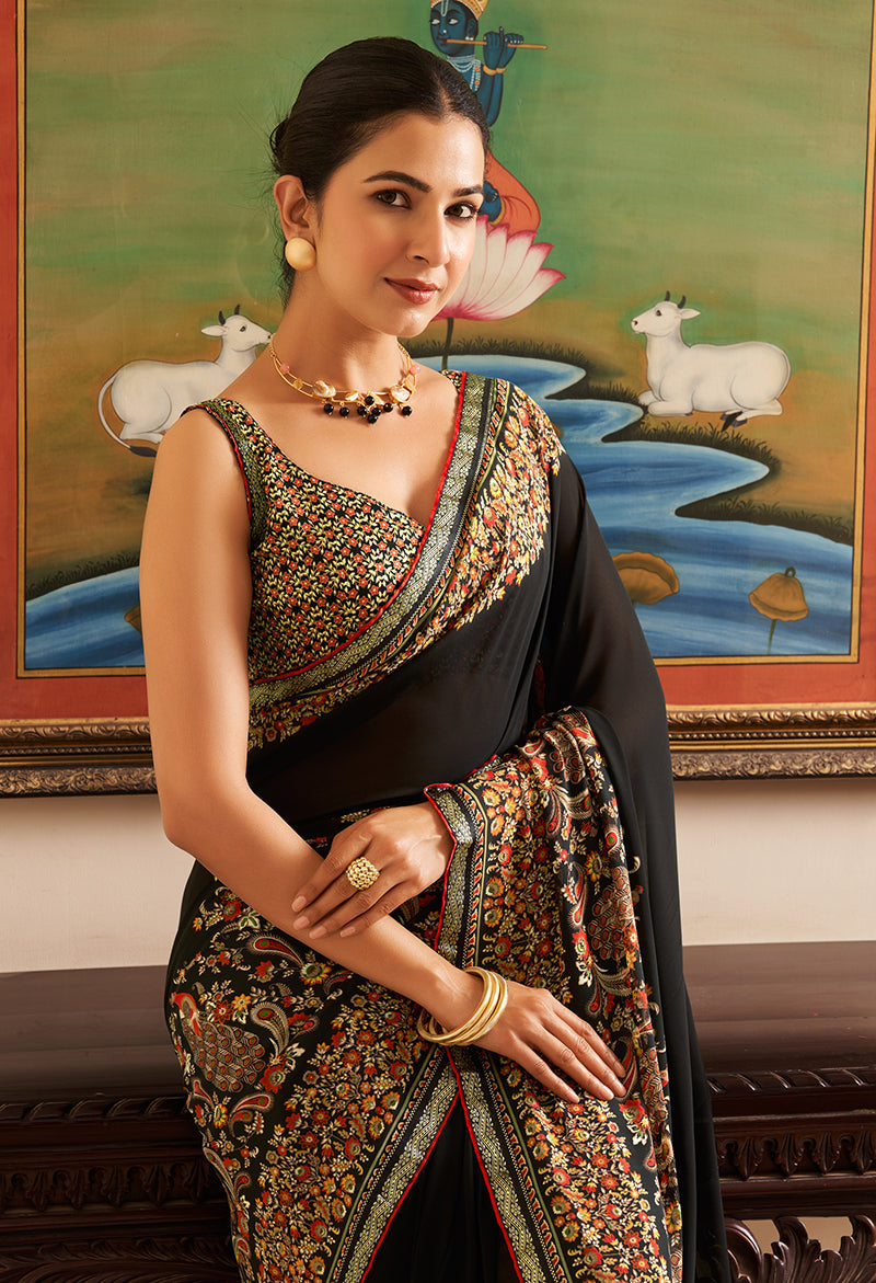 Monjolika Fashion Black Paisley Print Georgette Designer Saree | Grocsy