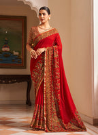 Monjolika Fashion Red Paisley Print Georgette Designer Saree | Grocsy