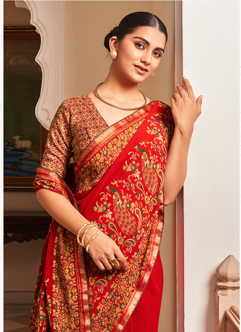 Monjolika Fashion Red Paisley Print Georgette Designer Saree | Grocsy