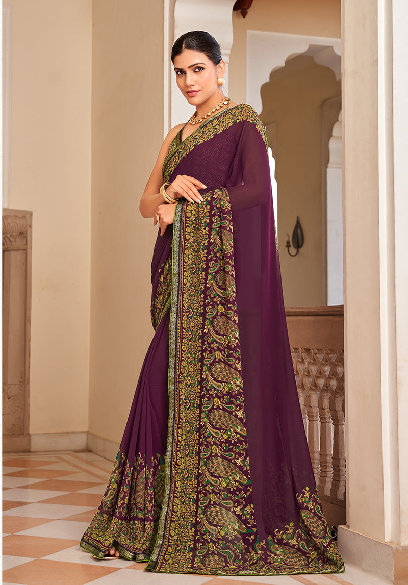 Monjolika Fashion Purple Paisley Print Georgette Designer Saree | Grocsy
