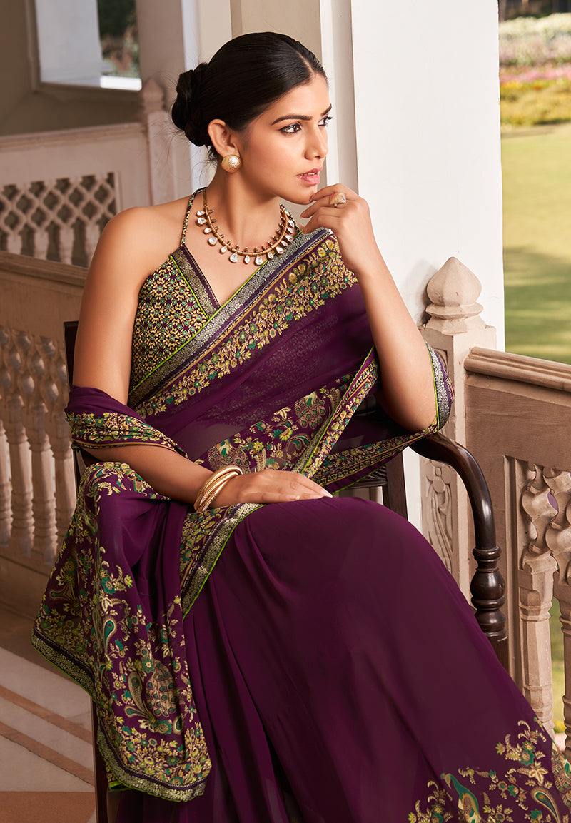 Monjolika Fashion Purple Paisley Print Georgette Designer Saree | Grocsy