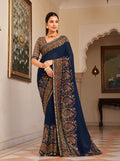 Monjolika Fashion Navy Blue Paisley Print Georgette Designer Saree | Grocsy
